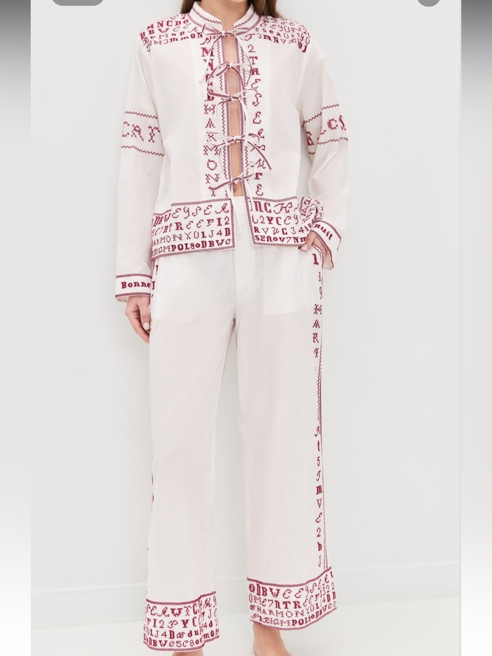 Sea New York White Wide-Leg Pants with Red Embroidered Trim